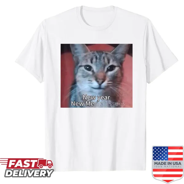 Cartoon cat staring with humorous caption about mental issues