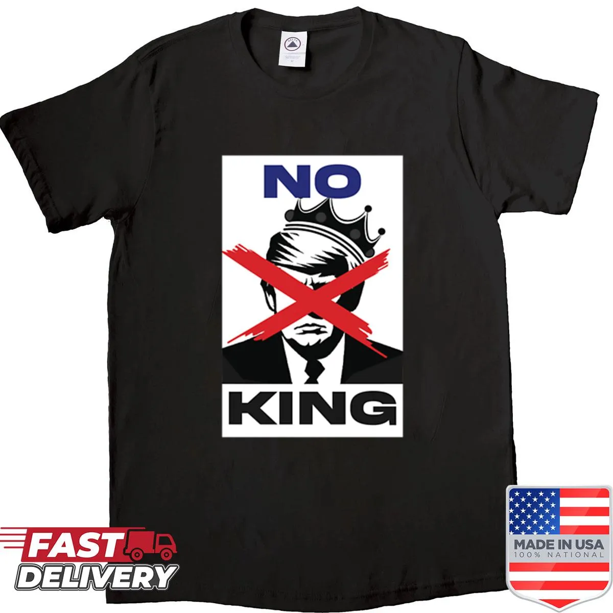 Shirt featuring the bold phrase 'No King' expressing independence.