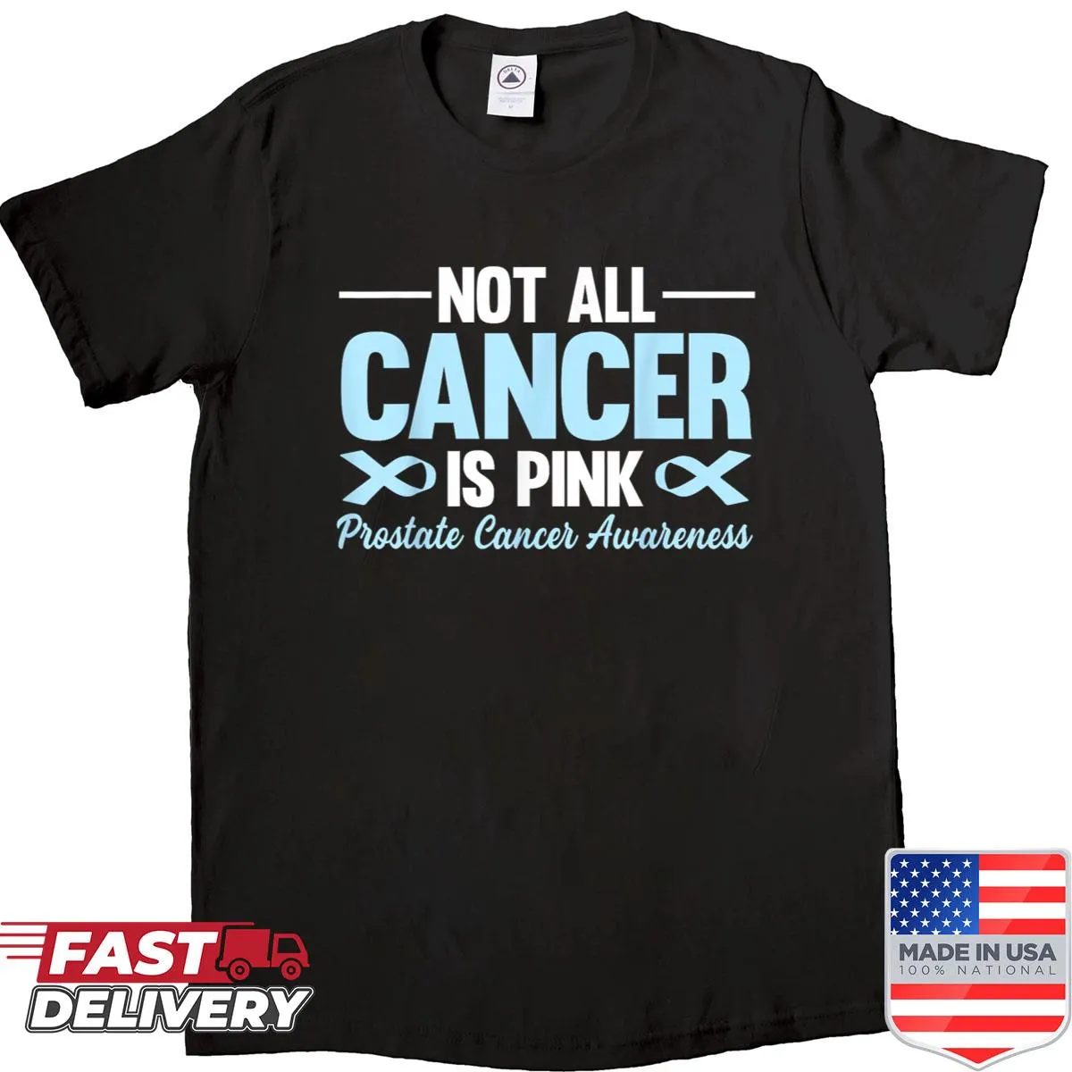 Blue ribbon graphic for prostate cancer awareness on a shirt