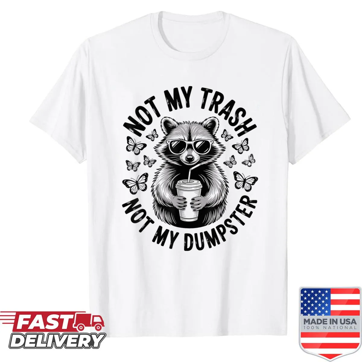 Funny raccoon graphic shirt with iced coffee meme text