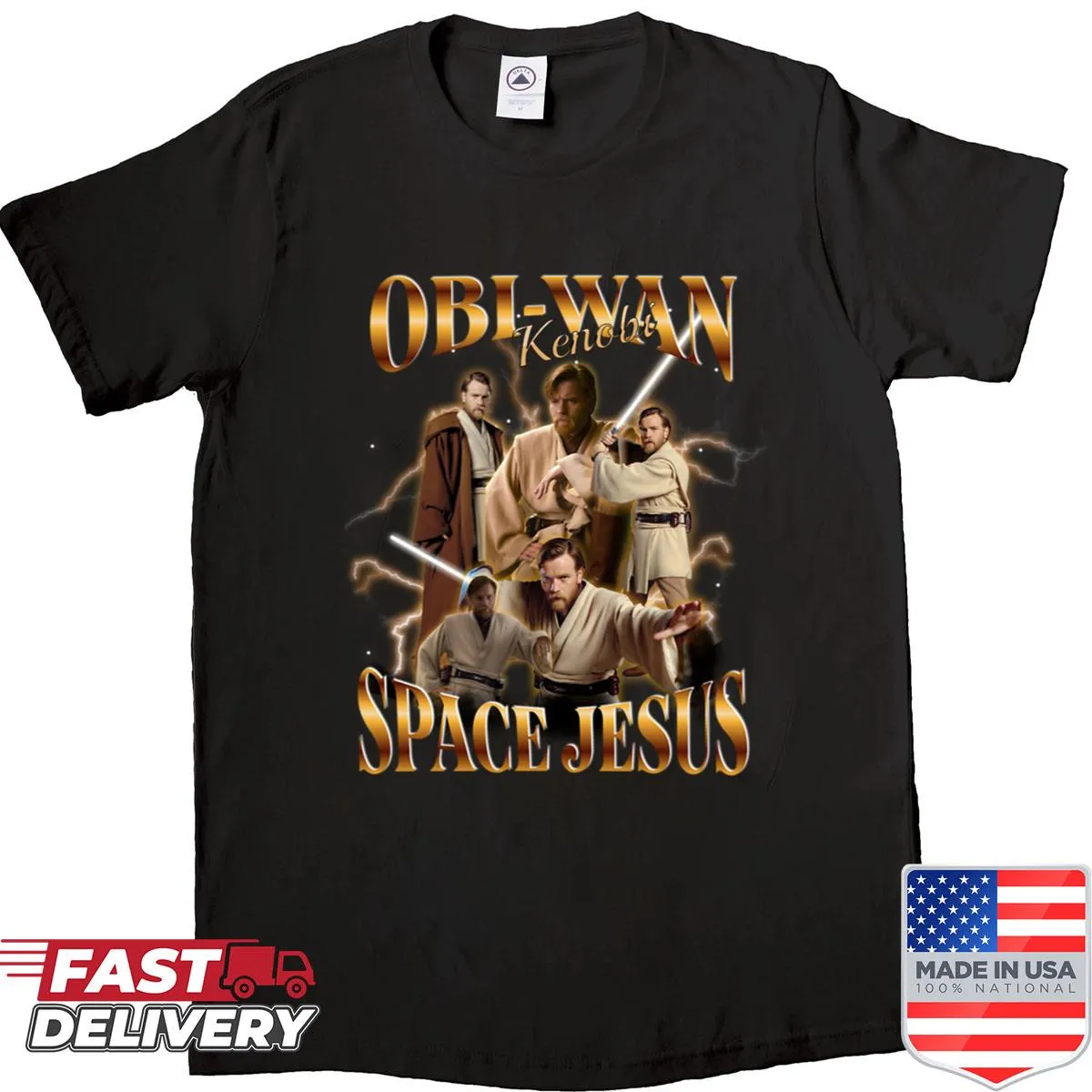 Retro collage shirt featuring Obi-wan Kenobi, reminiscent of classic sci-fi