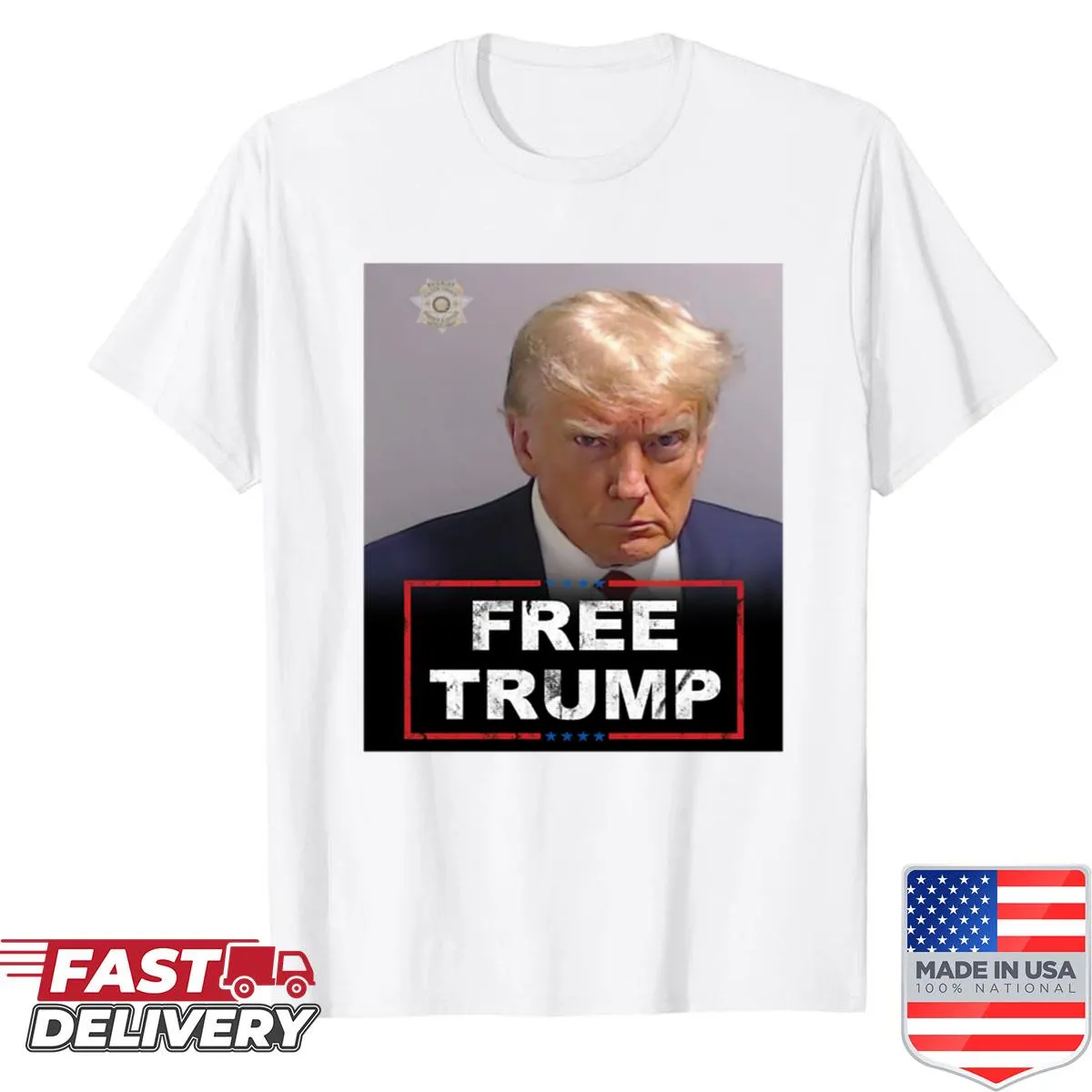 Humorous t-shirt featuring the slogan 'Free Trump' with a Trump mugshot graphic