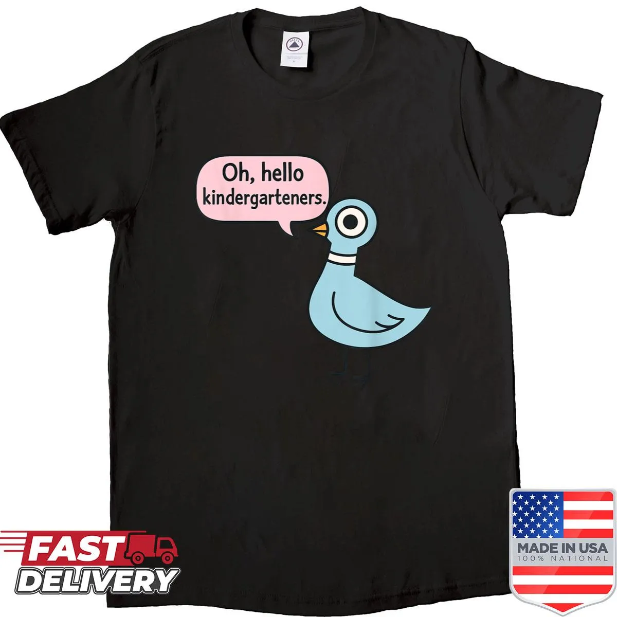 Cute pigeon teacher t-shirt with 'Oh Hello' text for kindergarteners