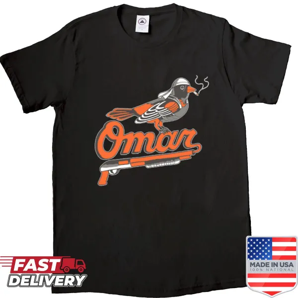 Omar from The Wire with a Baltimore Oriole illustration on a t-shirt