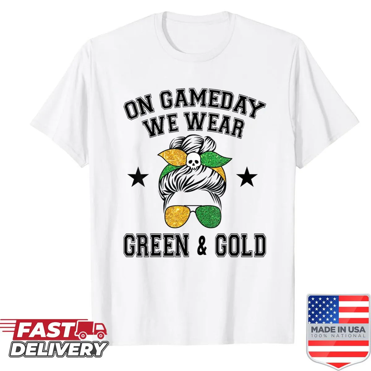 Game day shirt with messy green and gold text