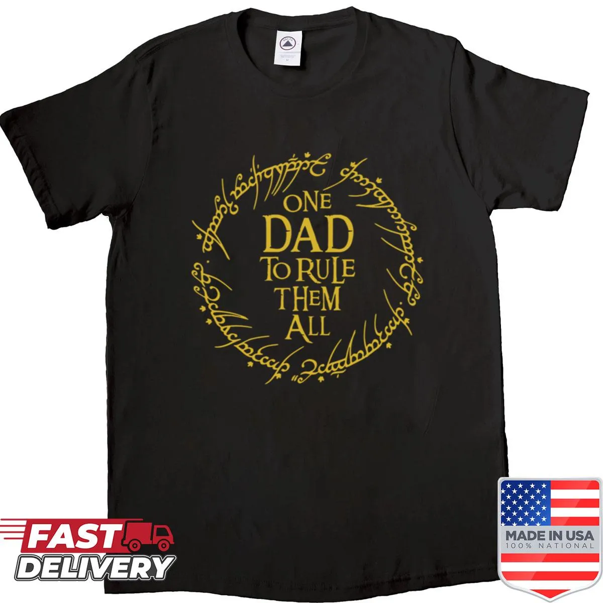 Christmas shirt with the phrase 'One Dad To Rule Them All' in cheerful typography