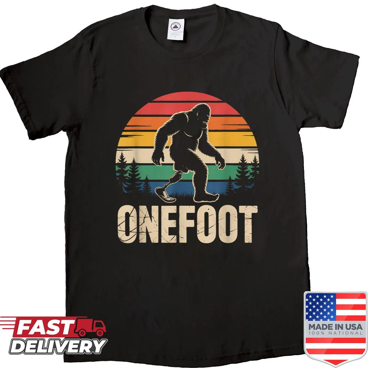 Playful Bigfoot illustration on a T-shirt for amputee dads