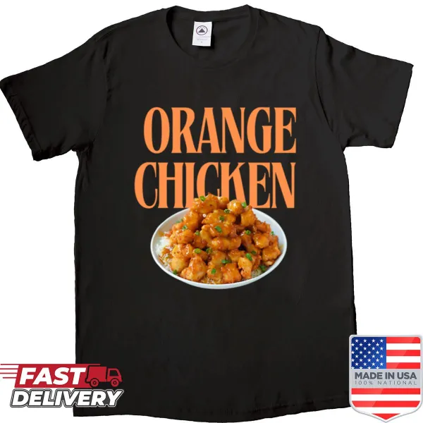 Cartoon graphic shirt celebrating Orange Chicken
