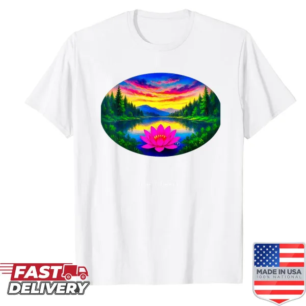 Illustration of a lotus lake on a peaceful t-shirt.
