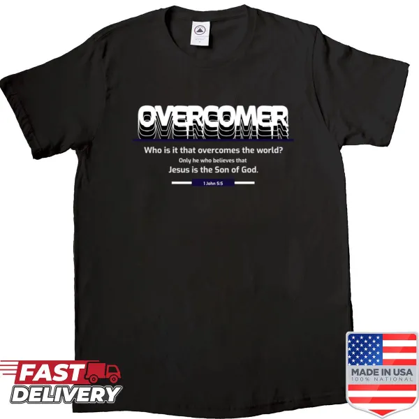 Inspirational shirt with 'Overcomer' text and Bible reference