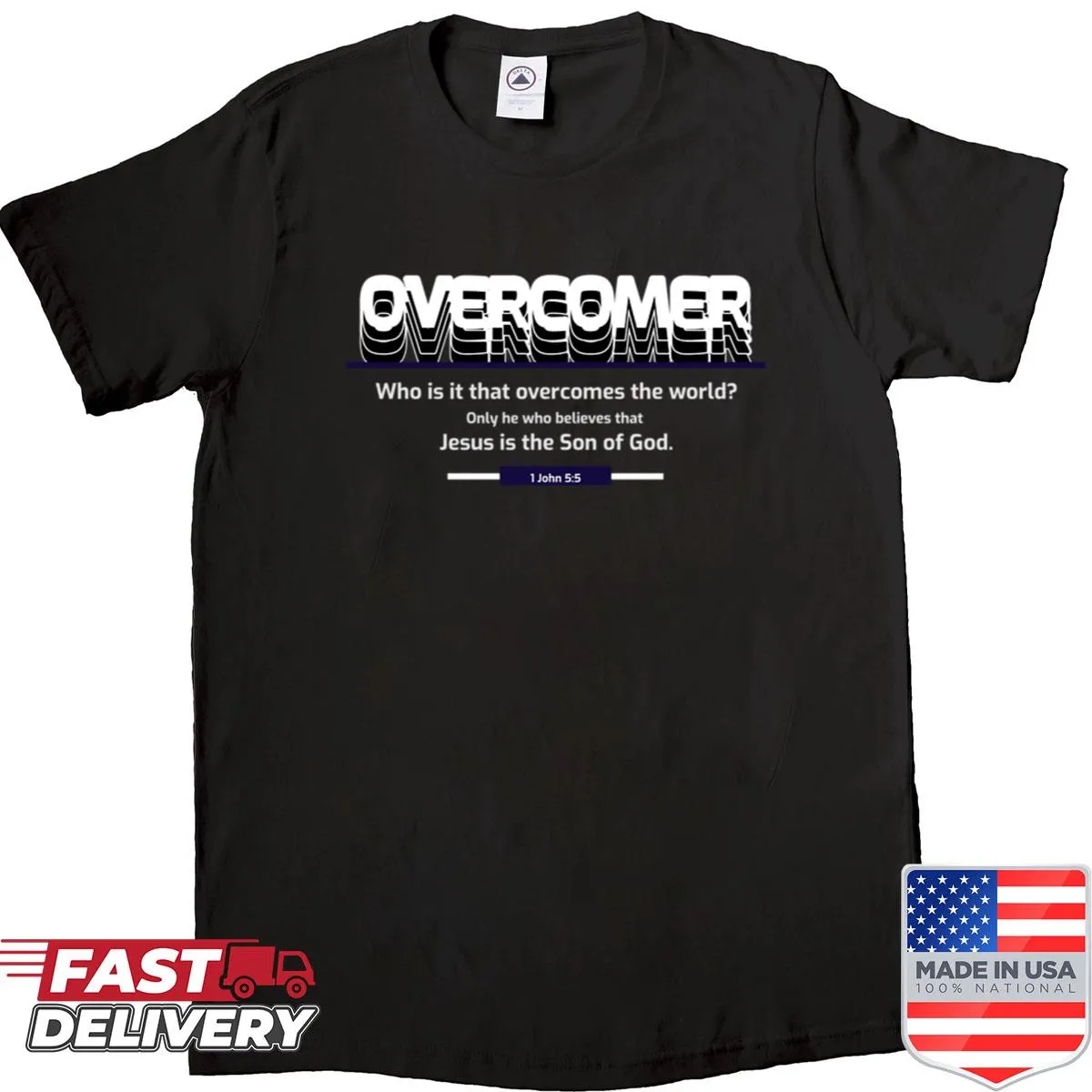 Inspirational shirt with 'Overcomer' text and Bible reference