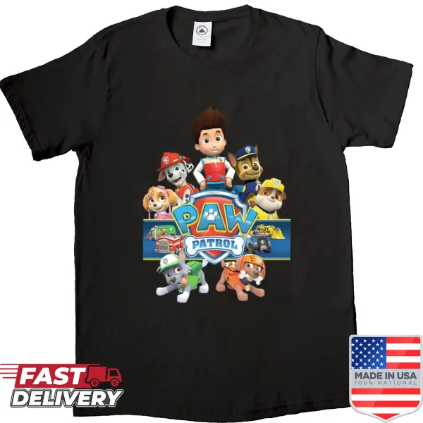Paw Patrol logo graphic on a kids' t-shirt.