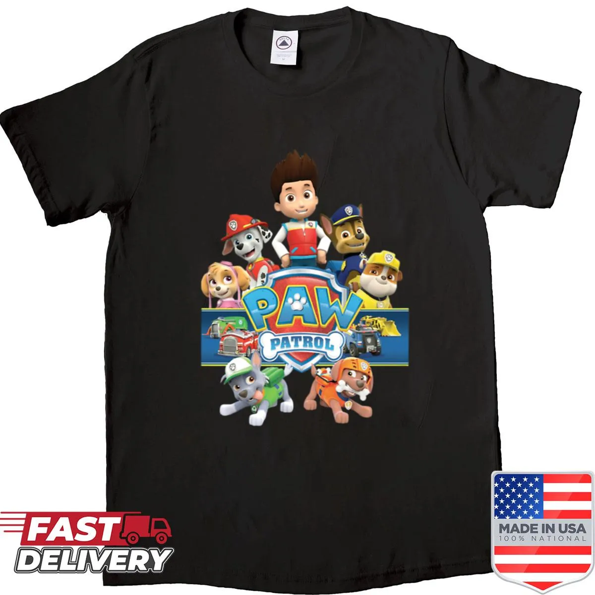 Paw Patrol logo graphic on a kids' t-shirt.