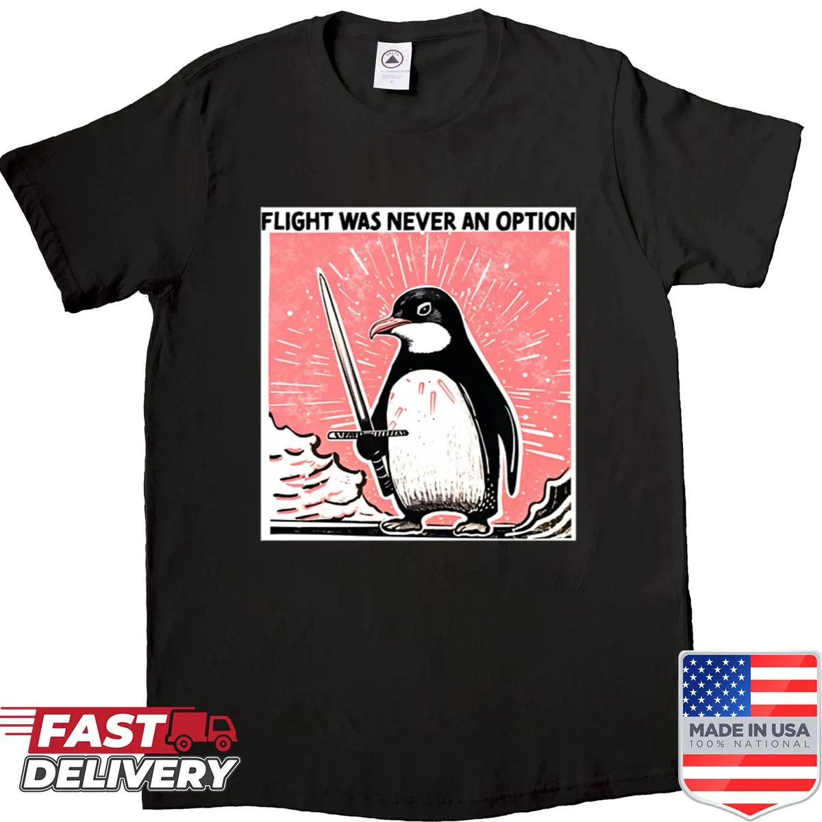 Cartoon penguin with sword and humorous text on a shirt