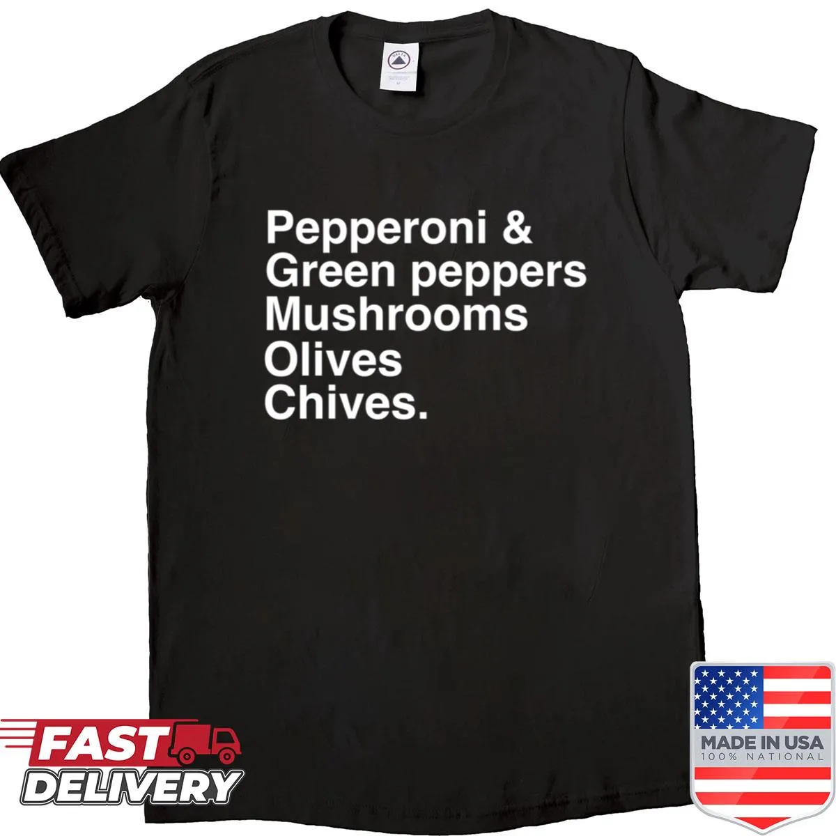 T-shirt featuring a graphic of pepperoni and green peppers