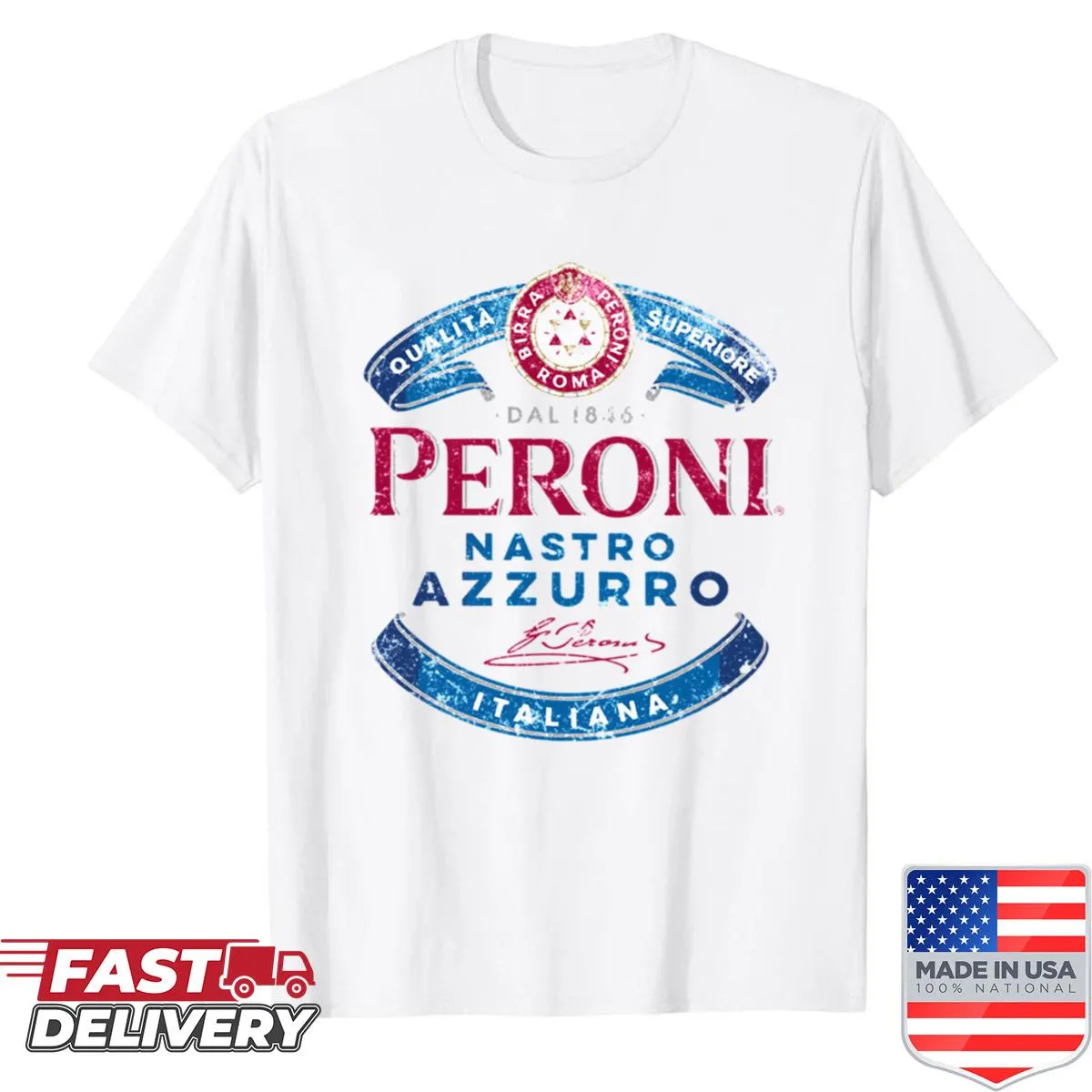 T-shirt featuring the Peroni Nastro Azzurro logo for beer lovers