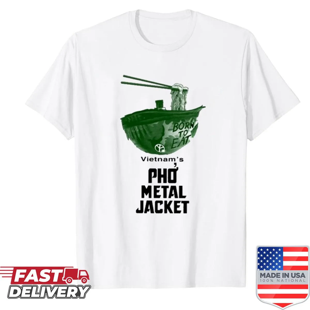 Humorous T-shirt with 'Pho Metal Jacket' text and design.