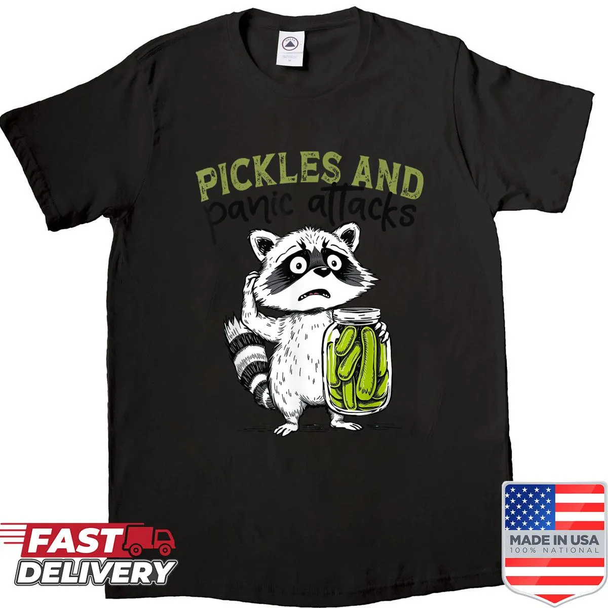 Raccoon graphic on shirt with slogan about mental health and anxiety