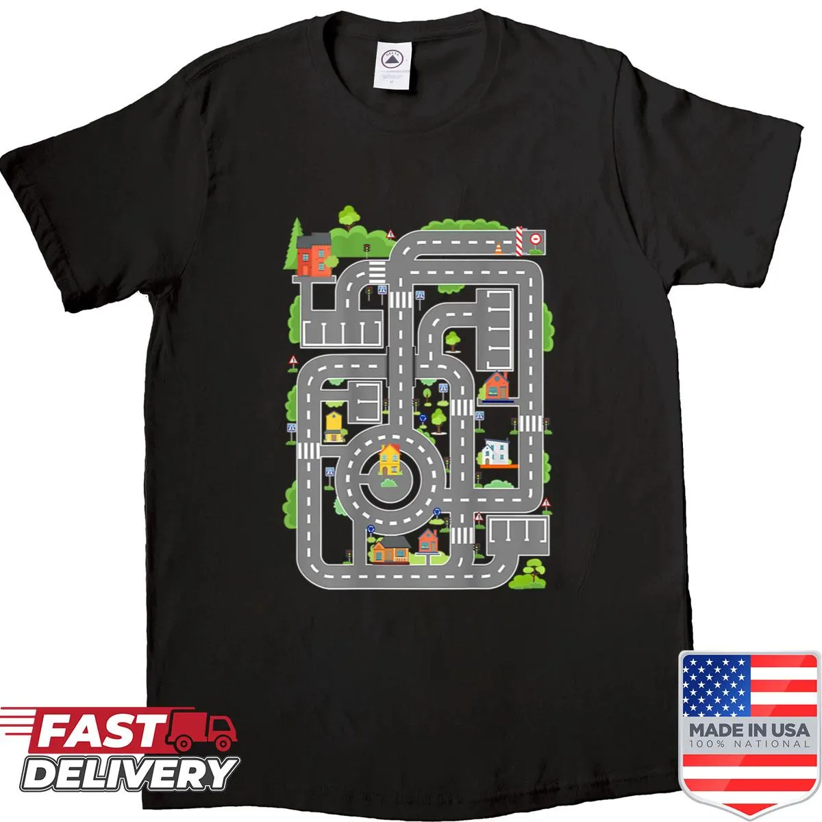 Shirt with a playful car race track design for dads