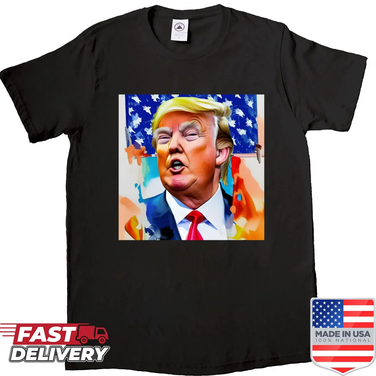 Pop art t-shirt featuring a portrait of Donald Trump speaking