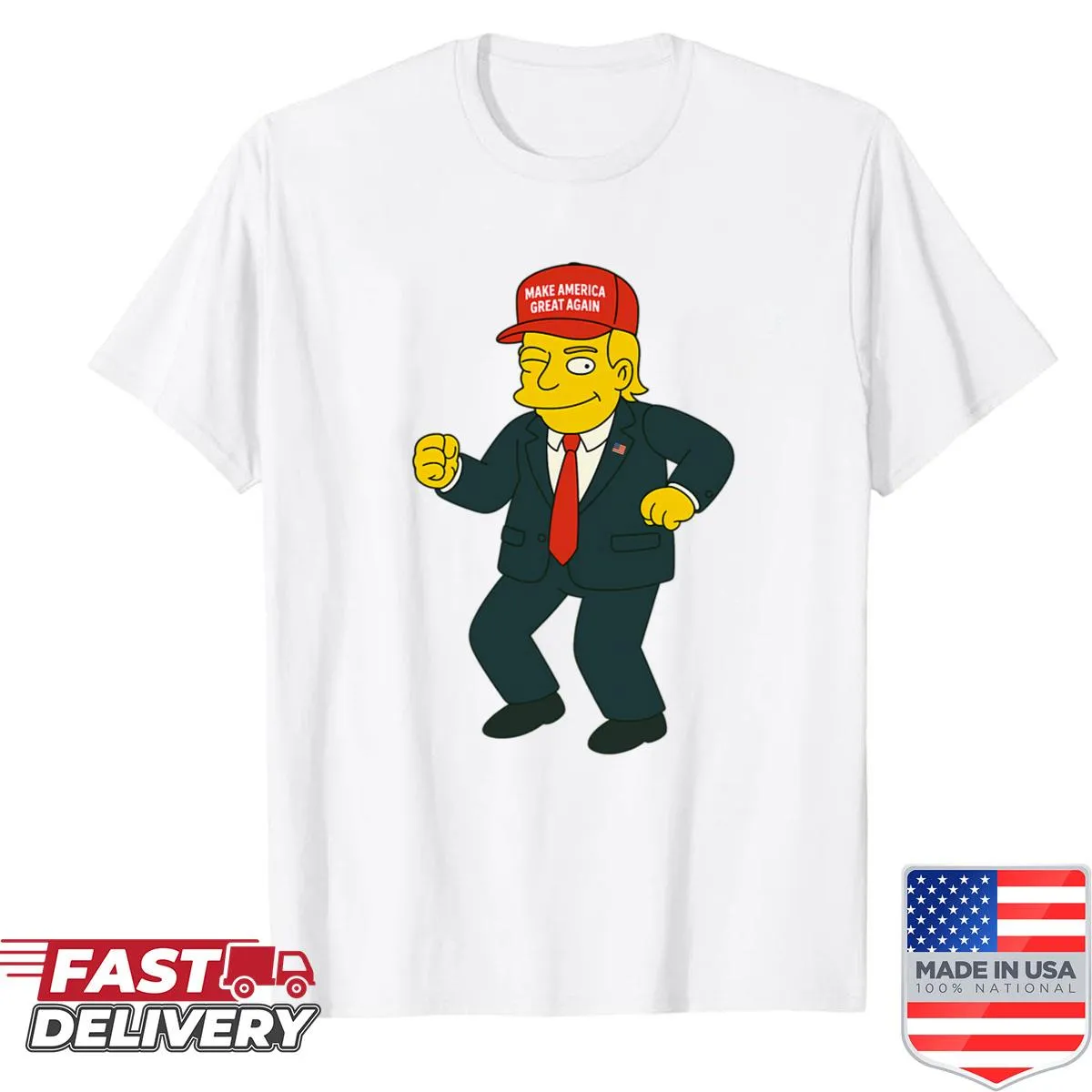Illustrated shirt of President Trump dancing in a playful style