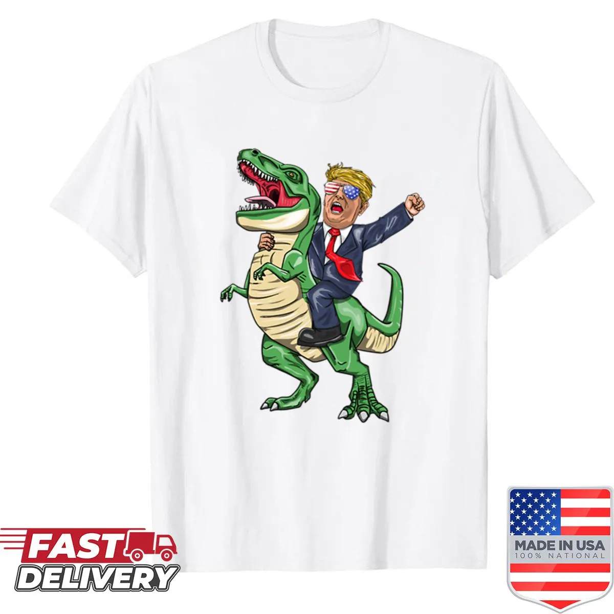 Shirt featuring President Trump riding T-Rex with American flag glasses