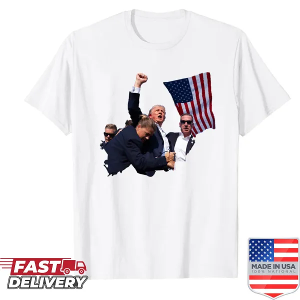 T-shirt with a humorous graphic addressing an assassination attempt on President Trump.