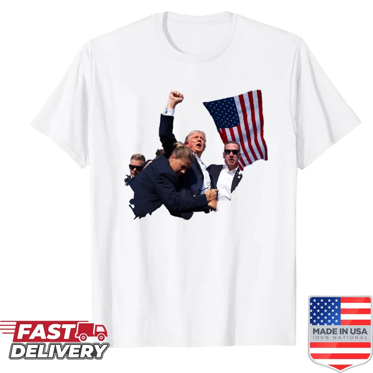 T-shirt with a humorous graphic addressing an assassination attempt on President Trump.