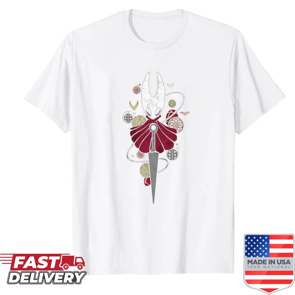 Illustrative T-shirt featuring Hollow Knight characters and theme