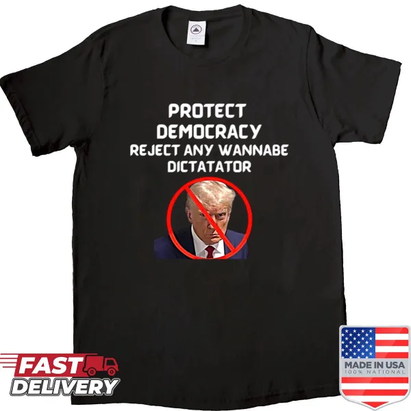 Text reads 'Protect Democracy' on an oversized shirt