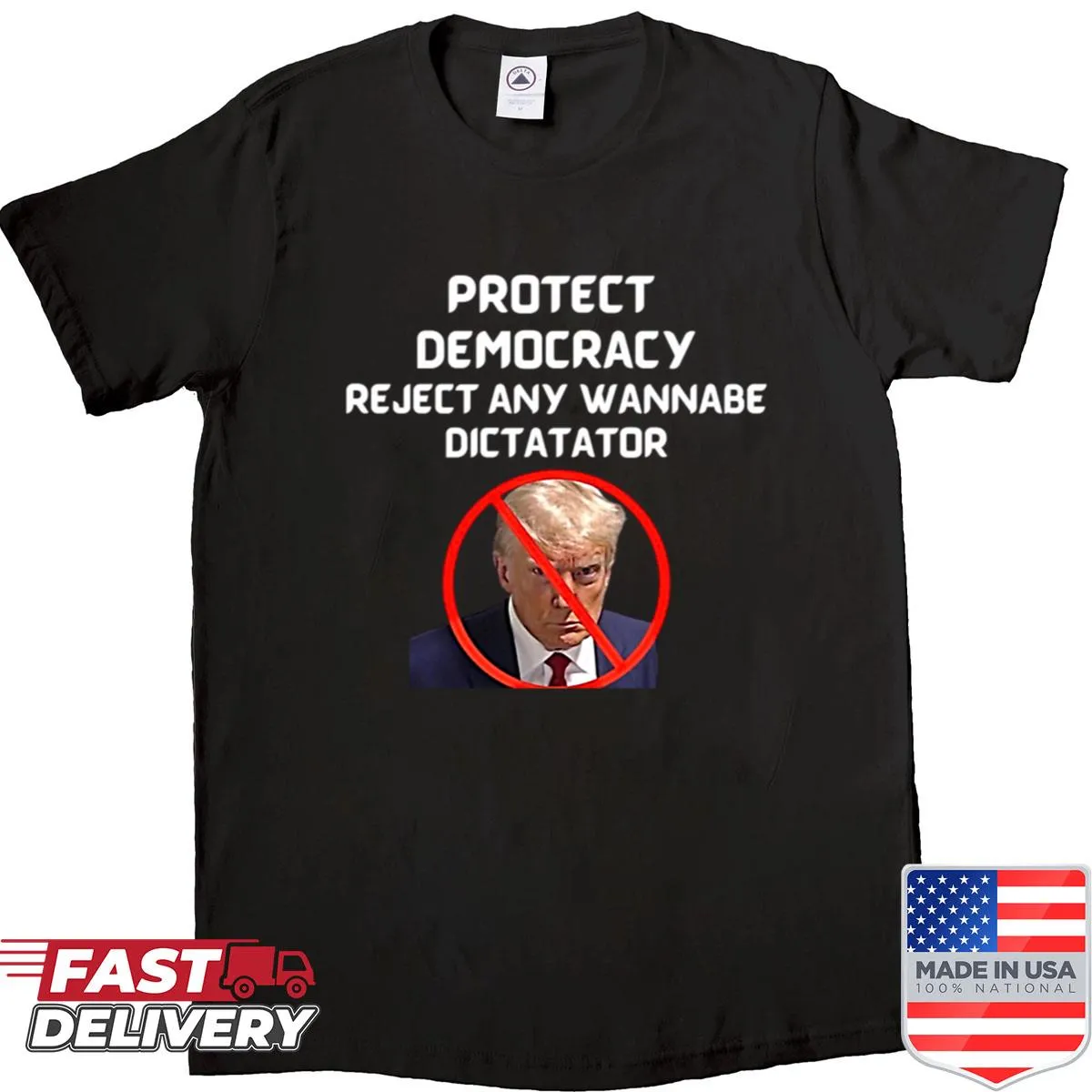Text reads 'Protect Democracy' on an oversized shirt