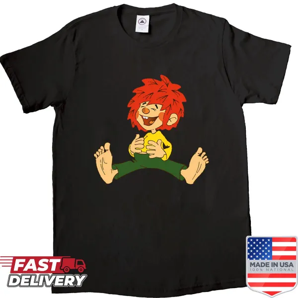 Cartoon character Pumuckl smiling on a children's shirt