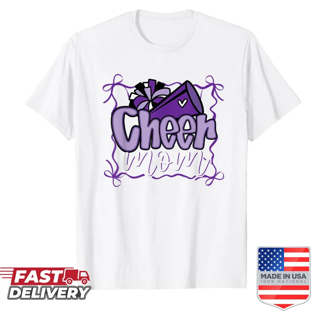 Cheer Mom shirt with pom poms and bow graphic