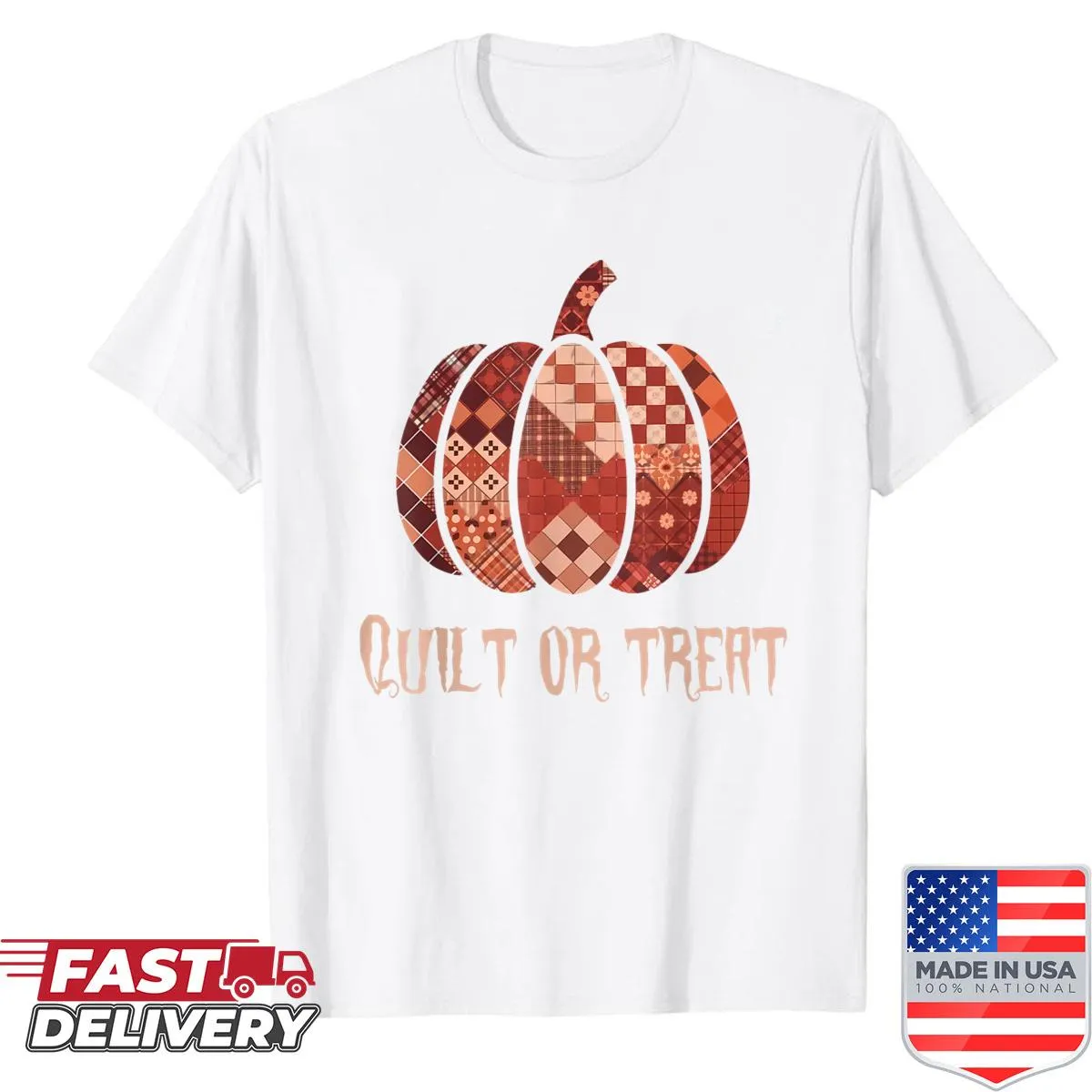 Patchwork pumpkin illustration on an autumn-themed T-shirt.