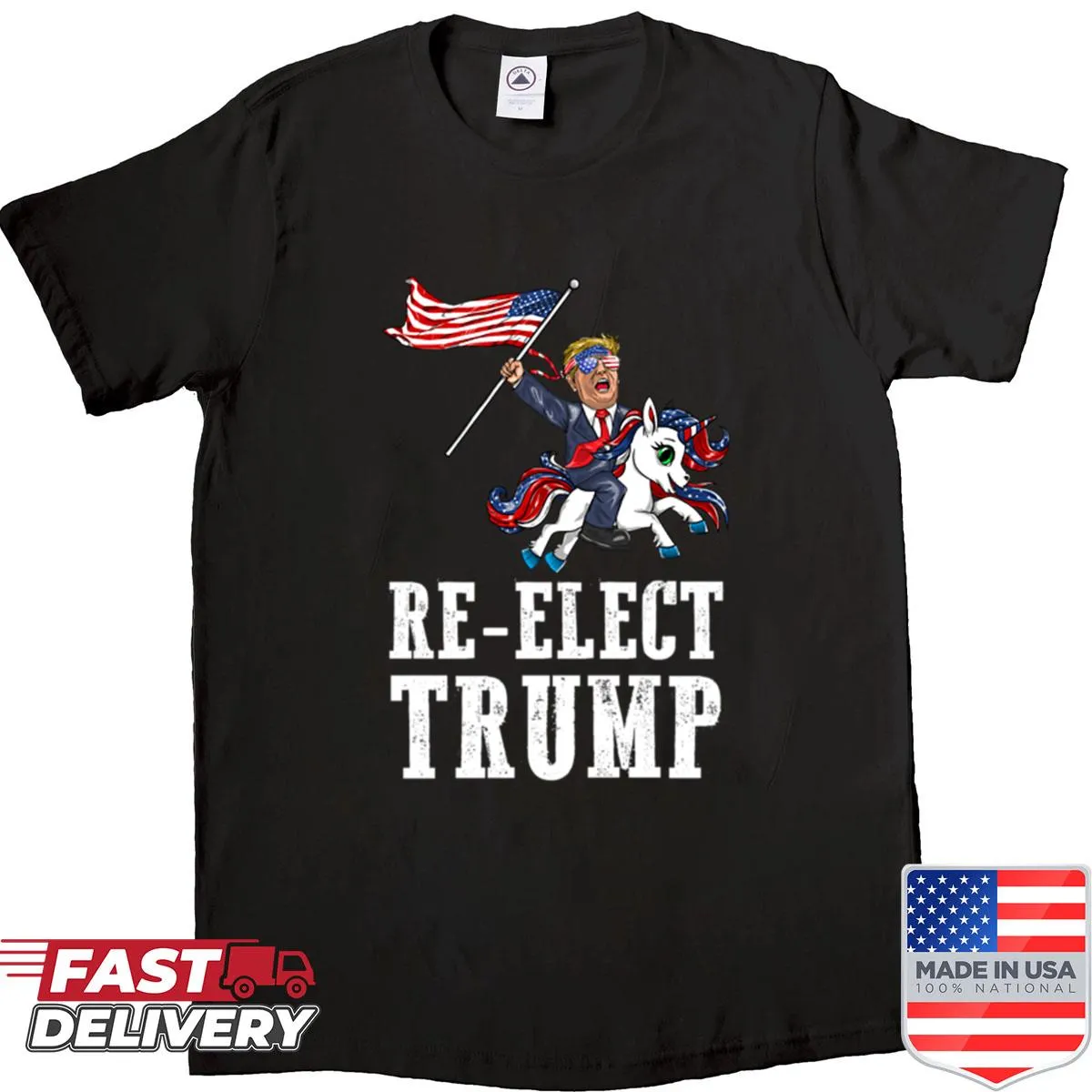 Playful shirt featuring a unicorn in sunglasses against an American flag.