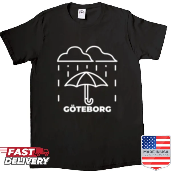 White shirt with an illustration celebrating Gothenburg's rainy vibe.