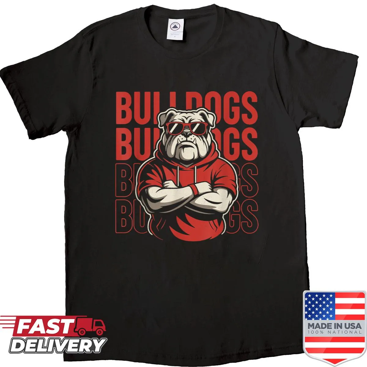 Retro illustrated Bulldogs on a whimsical shirt
