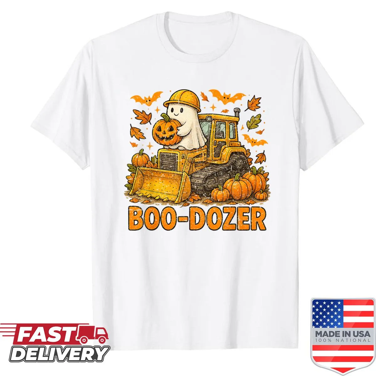 Cartoon bulldozer with Halloween theme on a kids shirt
