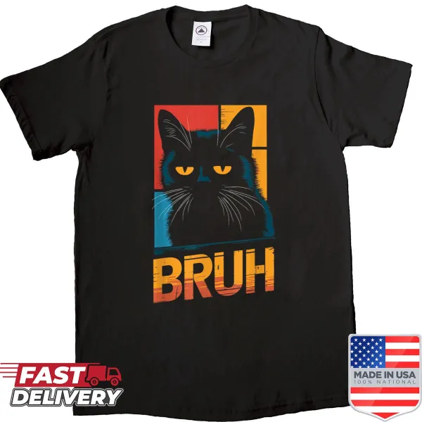 Retro 'Bruh' meme cat face graphic shirt for cat lovers