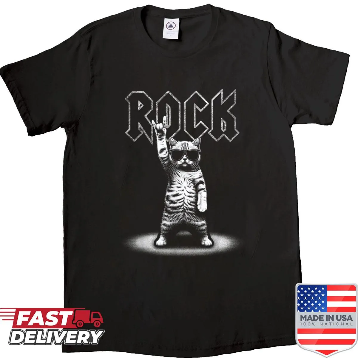 Funny cat shirt with a retro rock music theme