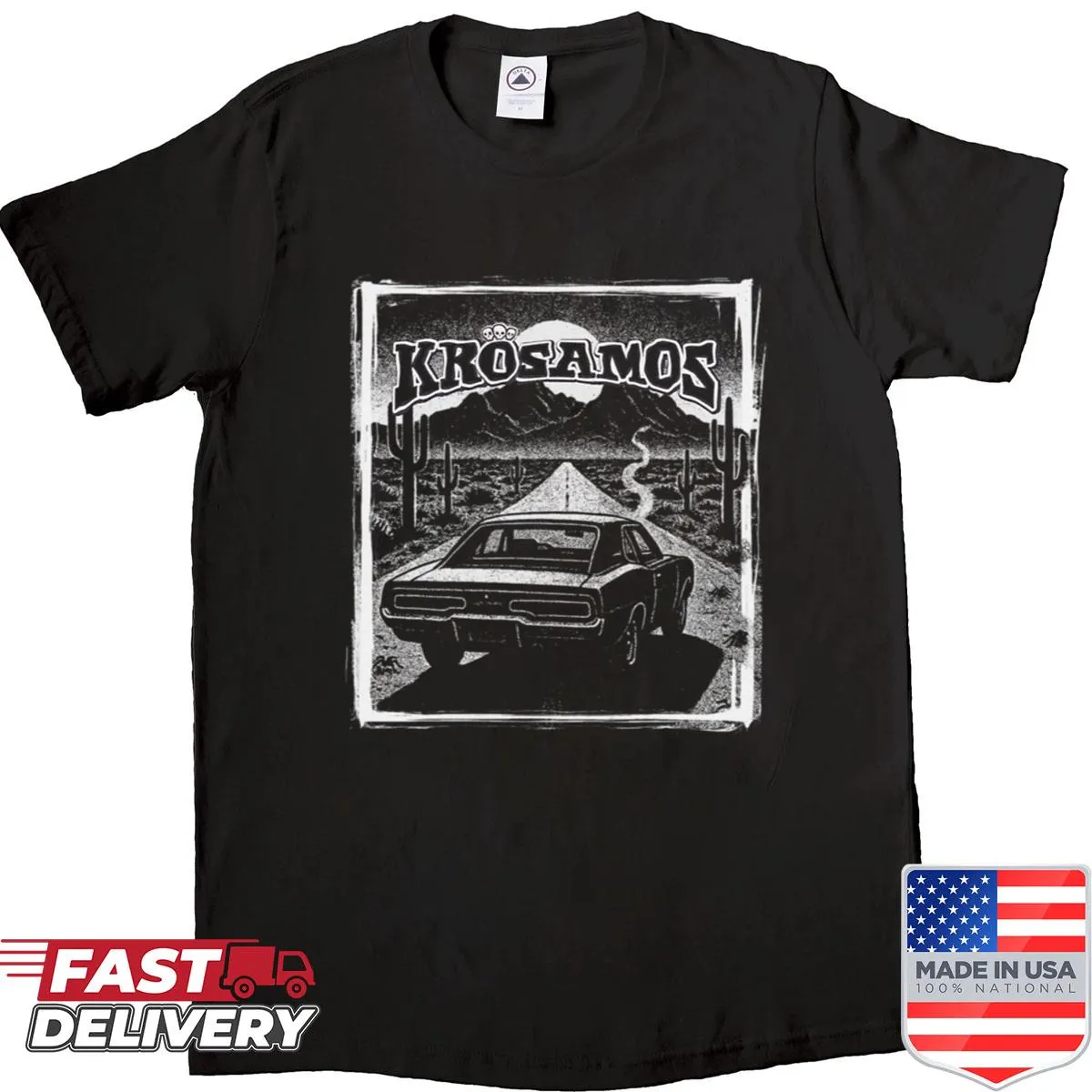 Dark shirt depicting a road trip theme with travel graphics.