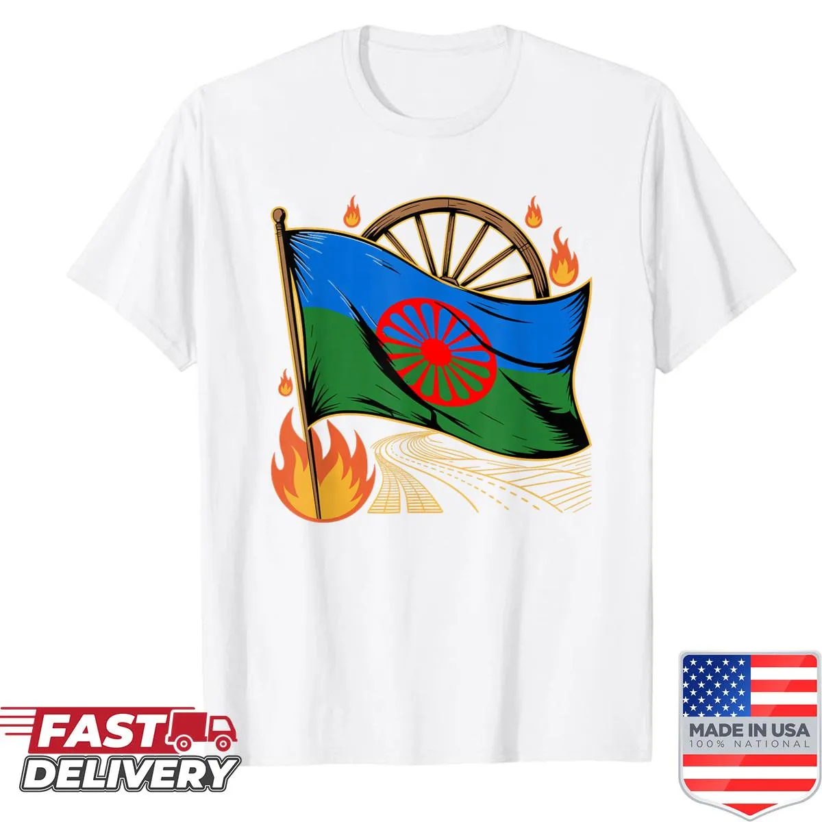 Shirt featuring the Roma Gypsy flag of the Romani people