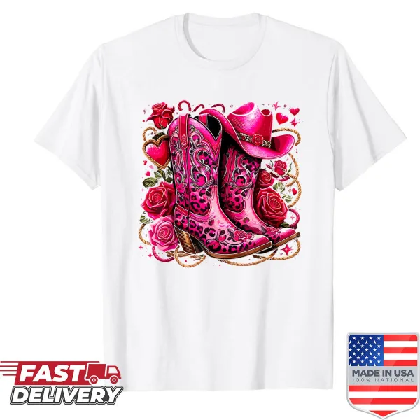 Illustration of roses, cowgirl boots, and a pink hat on a shirt
