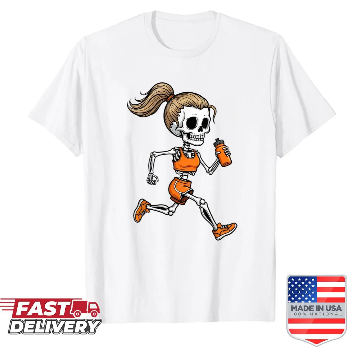 Cartoon skeleton running design for Halloween-themed t-shirt