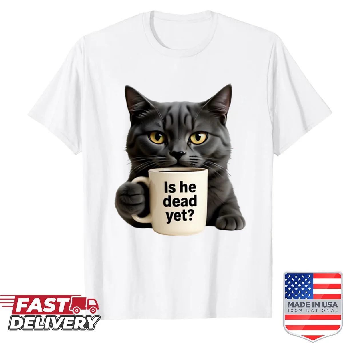 Sarcastic text shirt featuring a coffee meme about cats