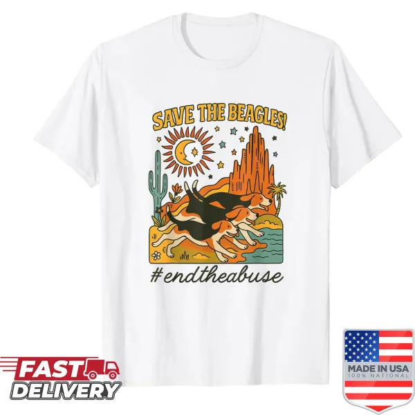 Vintage-style shirt advocating for beagle rescue with a heartfelt message