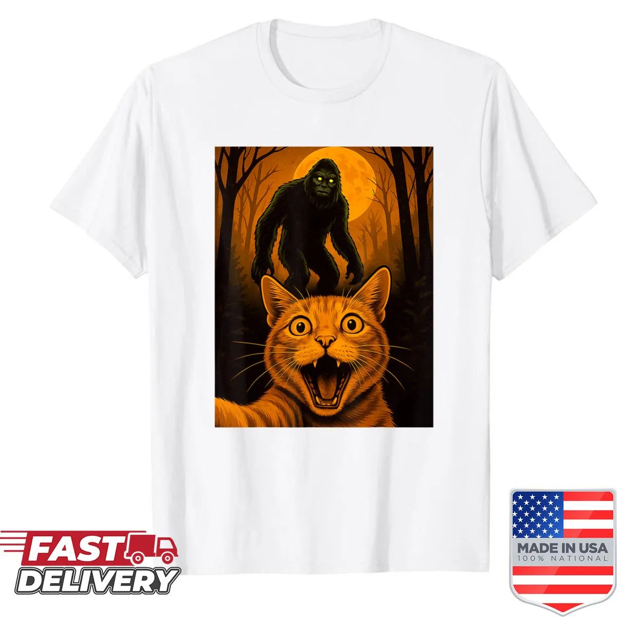 Halloween shirt with scared cat and Zombie Bigfoot illustration