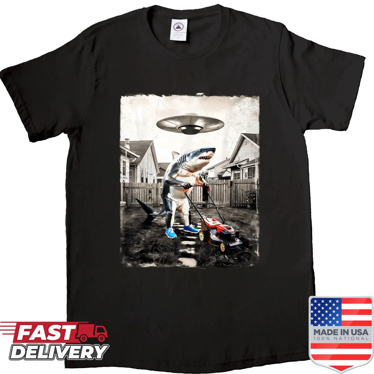Cartoon shark taking a selfie with a UFO in a funny meme shirt