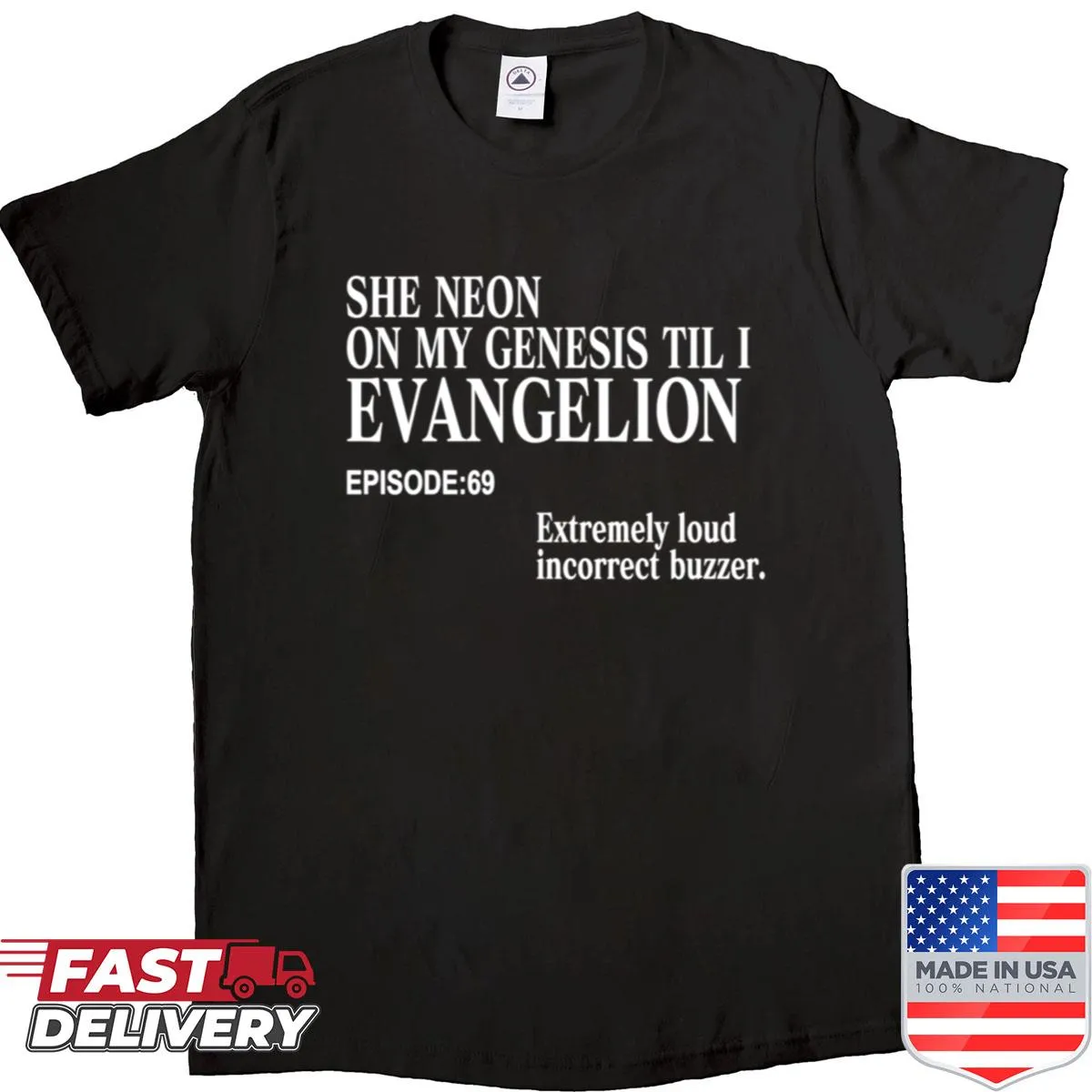 Neon-themed shirt featuring Genesis and Evangelion anime design.