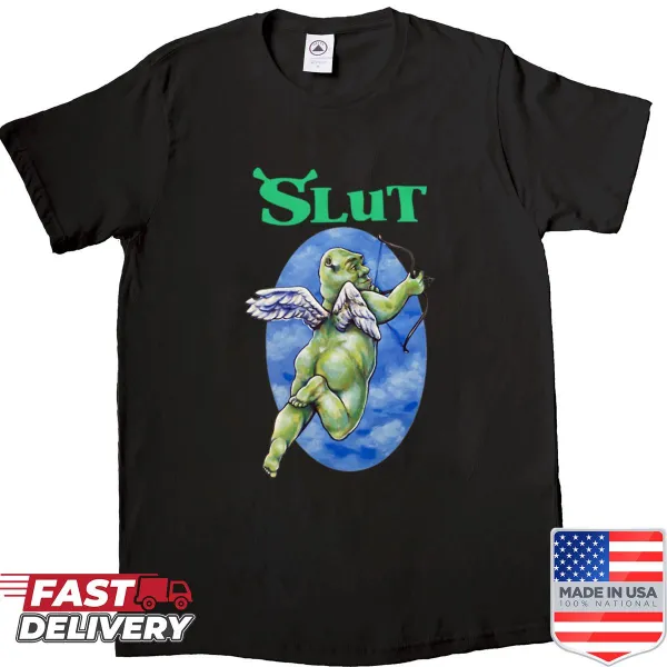 Funny Shrek fan shirt with the phrase 'Shrek Slut' in playful typography